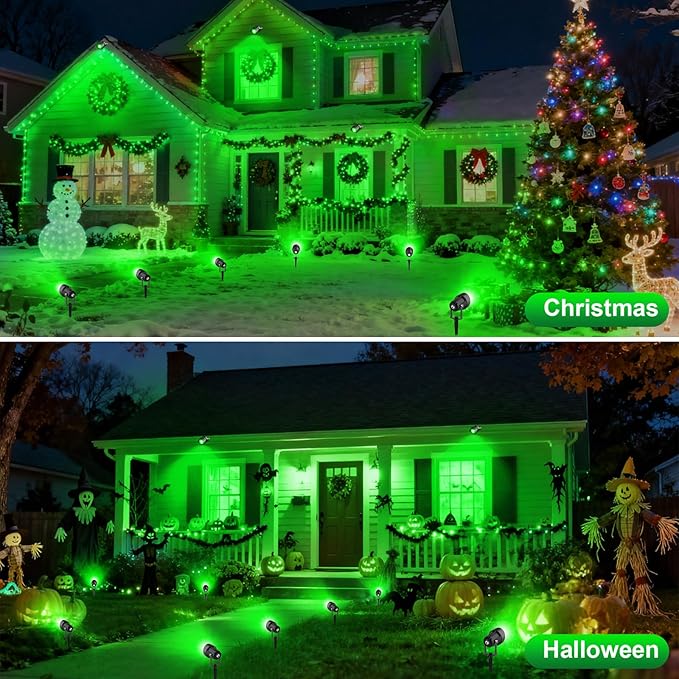 Halloween Green Landscape Spotlights, 14 LED Landscape Lighting with US Plug, IP65 Waterproof Outdoor for Tree Yard Garden Pathway Christmas Decor, 4 Pack