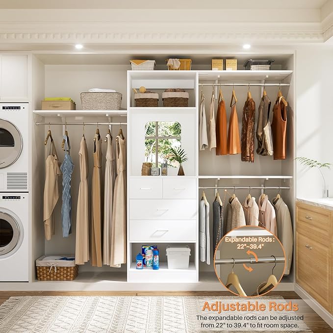 Unikito 8FT Closet System with 4 Drawers, 96" Wood Closet Organizer with Mirror and Hanging Rods, Sturdy Walk in Wardrobe Closet Insert with Tower, 96" W x 16" D x 80" H (Can Be Cut To Fit), White