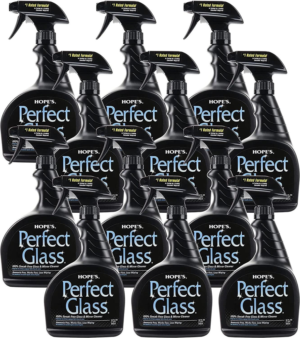 HOPE'S Perfect Glass Cleaner Spray, Streak-Free, Ammonia-Free Window, Mirror, Screen, Tinted Glass, and Shower Door Cleaner, Indoor and Outdoor Glass Surfaces, 32 Fl Oz, Pack of 12