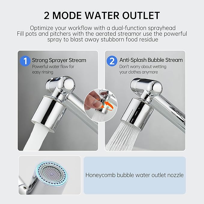 YYKBZ 1440° Rotating Sink Water Filter Faucet Extender Aerator, 2 Mode Swivel For Bathroom/Kitchen Skin Face Eye Wash,Brass Long Arm Extension For Toddlers,Multiple Adapters With 9pcs Filters