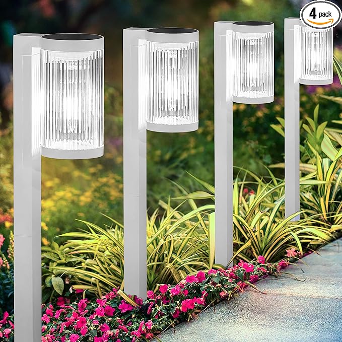 Solar Pathway Lights Outdoor, 4 Pack Upgraded Outdoor Solar Lights for Outside Super Bright Up to 12Hrs, IP65 Waterproof Solar Garden Lights for Yard Landscape Path Walkway (Cool White)