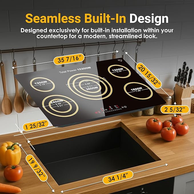 K&H 5 Burner 36 Inch Built-in Electric Stove Top Radiant Ceramic Cooktop Touch Control 240V 9600W CE36-10208