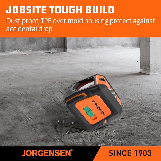 JORGENSEN Laser Level with Tripod & 2 Plumb Dots, 100 FT Self Leveling Point Cross Line Laser Leveler Tool, Wide Angle Green Laser Level for Picture Hanging, Indoor Project, Construction, Carry Bag