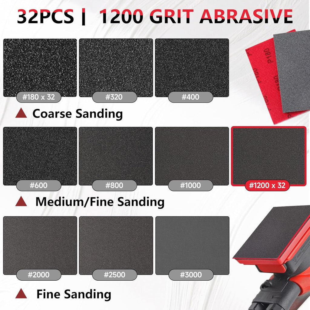 32-Pack 3x4 Inch 1200 Grit Hook & Loop Sanding Sponges - Wet/Dry Foam Pads for Fine-Grade Surface Finishing on Wood, Metal & Automotive