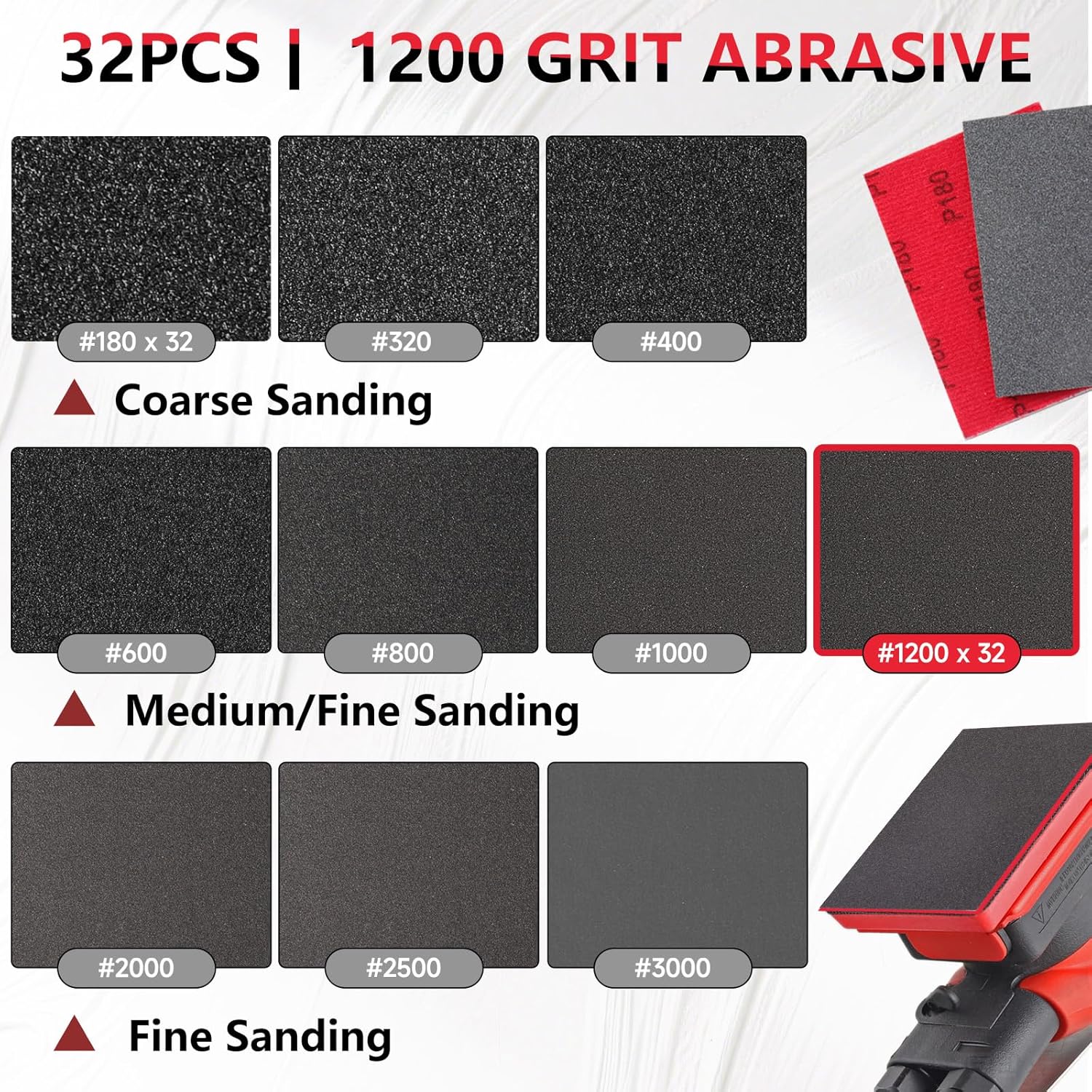 32-Pack 3x4 Inch 1200 Grit Hook & Loop Sanding Sponges - Wet/Dry Foam Pads for Fine-Grade Surface Finishing on Wood, Metal & Automotive