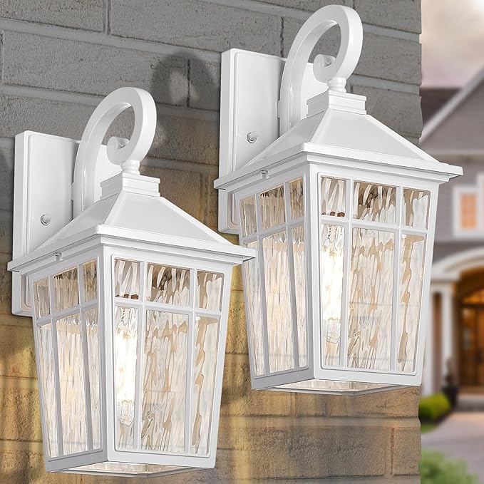 Darkaway Outdoor Wall Lights for House, Exterior Lighting Fixtures Wall Mount Outside Porch Lights Waterproof White Outdoor Sconce Lights with Water Ripple Glass for Patio Garage Front Door
