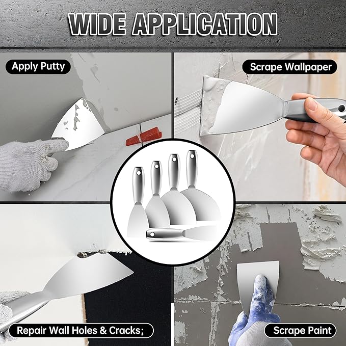 Fishark Putty Knife, 5 Pcs Putty Knife Set, 2" 3" 4" 6" 8" Stainless Steel Scraper, Spackle Knife, Wallpaper Scraper Paint Scraper Tool for Drywall Repair, Removing Wallpaper, Mud, Applying Plaster