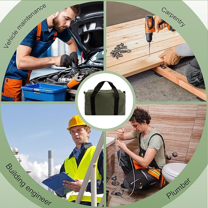 Small Tool Bag,Close Top Wide Mouth Tool Organizer Bag,Large Capacity Tool Bags for Men,Canvas Tool Storage Bag for Storage Handbag for Screwdrivers,Wrench,Pliers Hand Tools (Army Green, 18 Inch)