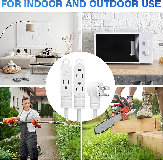 3 Prong Power Extension Cord with Multiple Outlets 6 FT, 16/3 Gauge Multi 3 Outlet Wire, 90 Degree Angled Male Plug, 16 AWG Grounded Wire (13A 125V 1625W), ETL Listed, White Cable with 25 Cable Ties