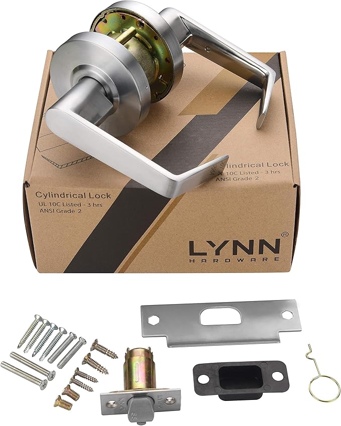 LYNN HARDWARE Commercial Door Lever Lock - Heavy-Duty Locking Door Handle, Designer Door Handles, Cylindrical Lever Lock, Non-Handed Grade 2 Door Handle, Satin Chrome, Passage/Closet