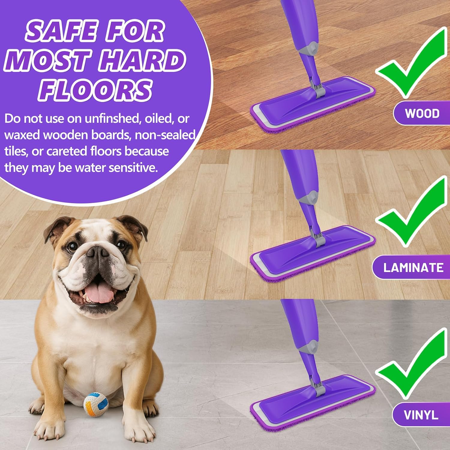 HOMTOYOU Spray Mops for Floor Cleaning: Wet Mop for Hardwood Tile Wood Laminate Vinyl - 3 Washable Microfiber Pads for Swiffer Powermop - Absorbs Pet Hair Dust