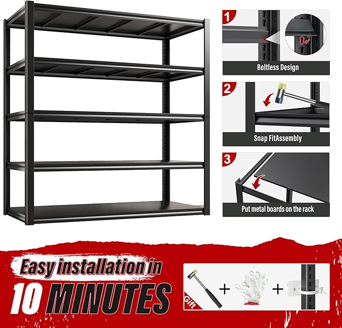 REIBII 48" W Garage Shelving 2500LBS Storage Shelves Adjustable Metal Shelving Heavy Duty Garage Shelves for Warehouse Pantry Basement 48" W x 72" H x 18" D