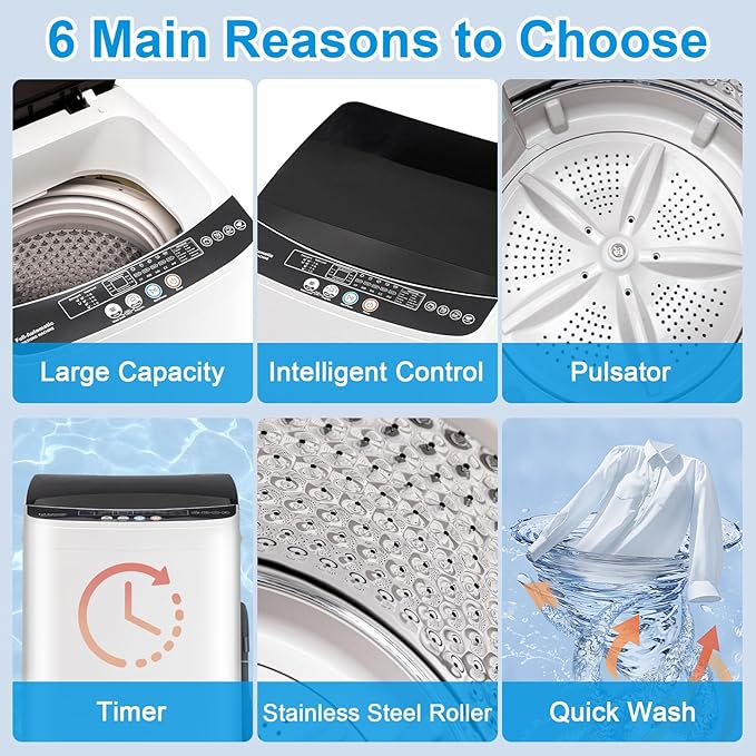 Portable Washing Machine, 17LBS Full Automatic Washer with Spinner, 10 Programs Compact Laundry Machine for Apartment, RV, Dorm Home Use, Mini Washing Machine Perfect for Small Spaces