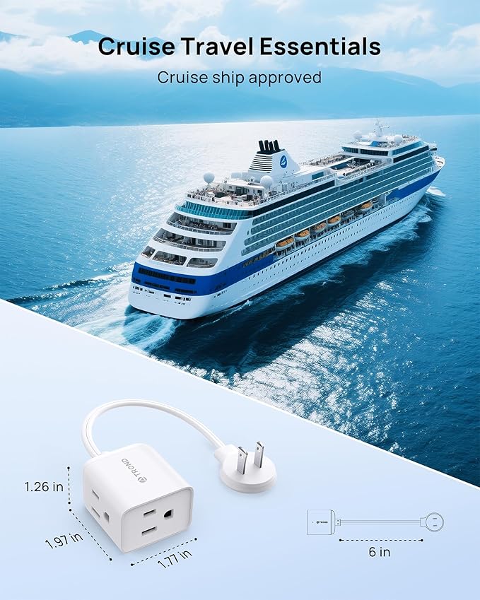 TROND 2 Prong to 3 Prong Flat Outlet Adapter with 6 Inch Cord, 3 Way Flat Plug Extension Outlet Extender, Multi Plug Wall Splitter, for Non-ground Socket in Old Home Office Hotel Travel, White