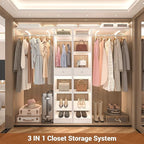 Unikito 58" W - 90" W Closet System, Large Walk in Closet Organizer with 3 Hanging Rods and Shelves, Heavy Duty Wood Closets Wardrobe with 2 Drawer & Shoe Rack, Sturdy Reversible Clothing Racks, White