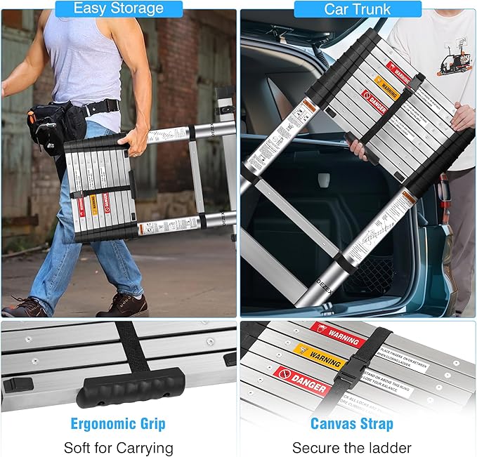 10.5 FT Stainless Steel Telescoping Ladders - One-Button Retraction Collapsible Extension Ladder for Home,RV,Attic,Lasts 375 LBS with Balance Bar and Wheels