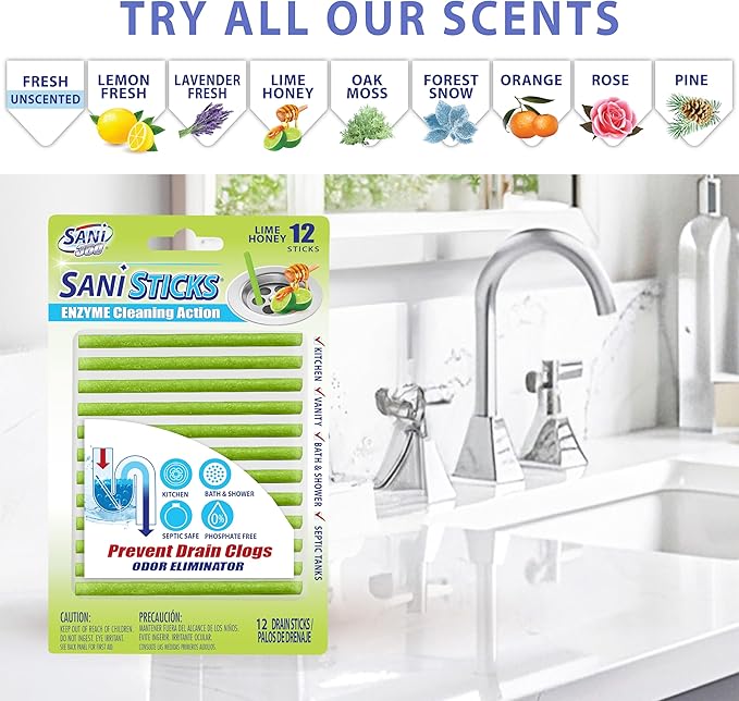 SANI 360° Sani Sticks Drain Cleaner and Deodorizer, 24 Count, Lime Honey Enzyme Pipe Cleaners, Eliminate Odors, Prevent Clogged Drains, Safe for Sinks, Bathtub Drains, Septic Tanks