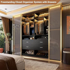 Freestanding 24" Closet System with 2 Wood Drawers, 2FT Small Closet Organizer System with 6 Shelves & Hanging Rod, Walk-in Closet Systems for Small Closets, Black (24"L x 15"W x 80"H)