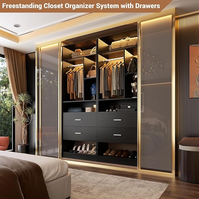 Freestanding 24" Closet System with 2 Wood Drawers, 2FT Small Closet Organizer System with 6 Shelves & Hanging Rod, Walk-in Closet Systems for Small Closets, Black (24"L x 15"W x 80"H)