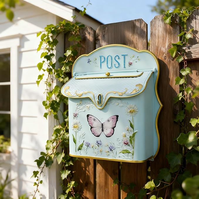 Mailbox Wall Mount Mailboxes for Outside Vintage Mail Boxes for House Outside Metal Drop Box Antique Style Nostalgic Charm Home Decorative Butterfly Blue