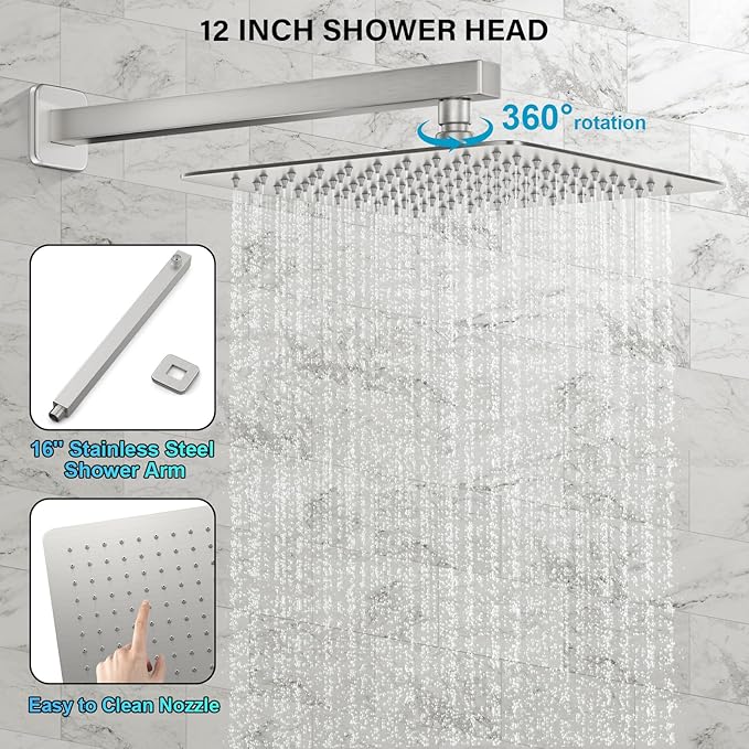 Shower Faucet Set Bathroom Square Rain Shower Head and Handle Set, Wall Mounted Shower Fixtures, Full Metal Trim Repair Kit 12 inch Brushed Nickel (With Shower Valve)