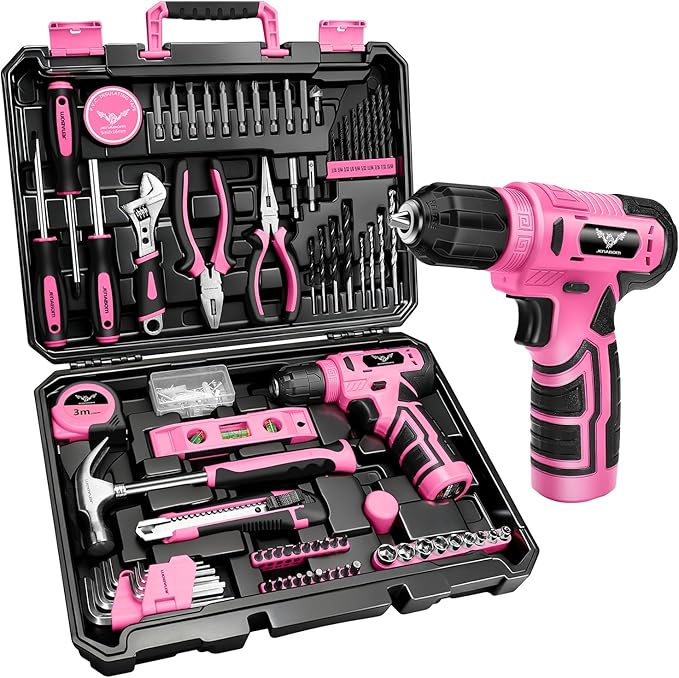 Drill Set: Tool Set with 8V Pink Cordless Drill, Home Tool Kit with Drill, Hand Tool Kits for Women, Homeowner, Diyer, Handyman, 127Piece