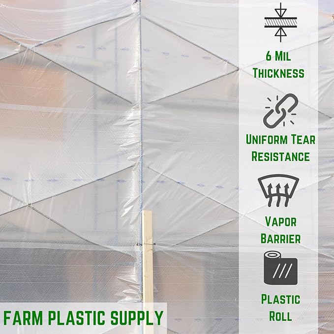 Farm Plastic Supply - Dura Skrim String Reinforced Clear Plastic Sheeting - 6 Mil - (20' x 200') - Reinforced Poly Film Tear Resistant, Weatherproof, Vapor Barrier Polyethylene Roll for Construction