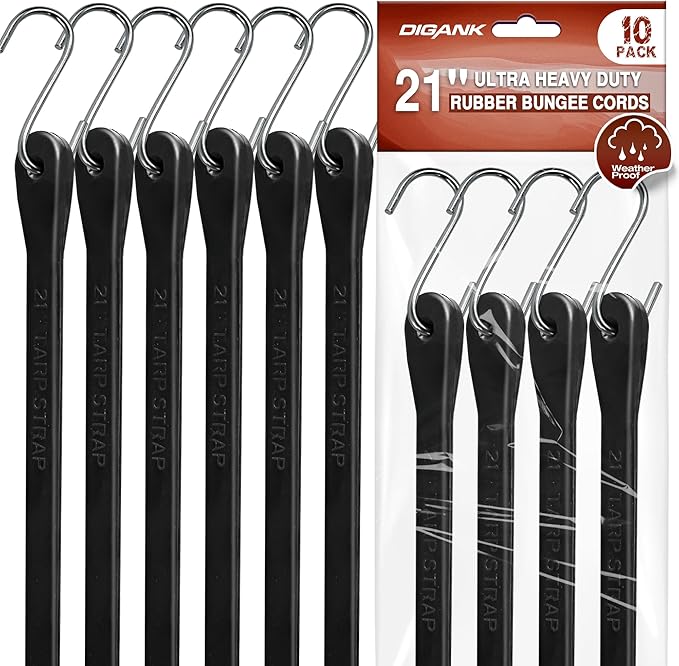 Bungee Cords Heavy Duty Outdoor 21", 10 Pack Rubber Bungee Straps with Metal S Hooks, EPDM Tarp Straps for Cargo, Canopy, All-Weather Use, 180 lbs Load