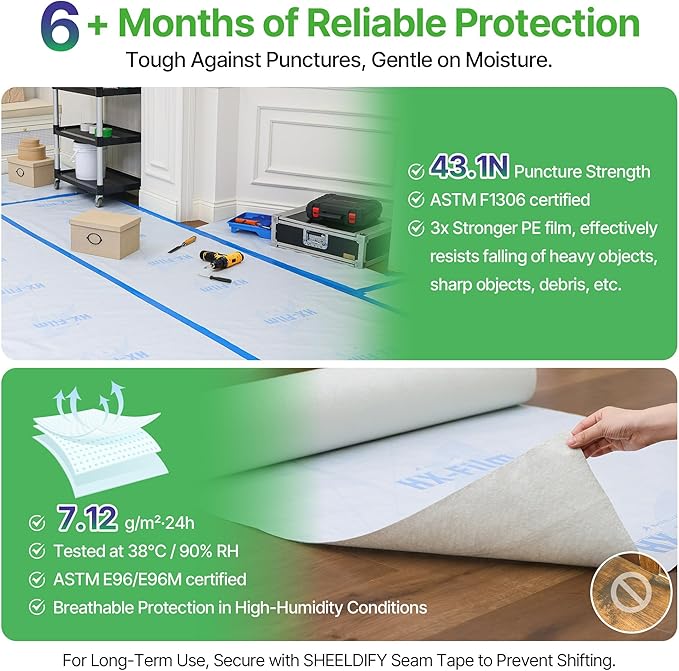 39"x100' Heavy-Duty Floor Protection | Construction Grade Carpet Protector | Drop Cloth Plastic Film for Hardwood Floors | Waterproof Painters Covering with No Residue(Ice Blue)