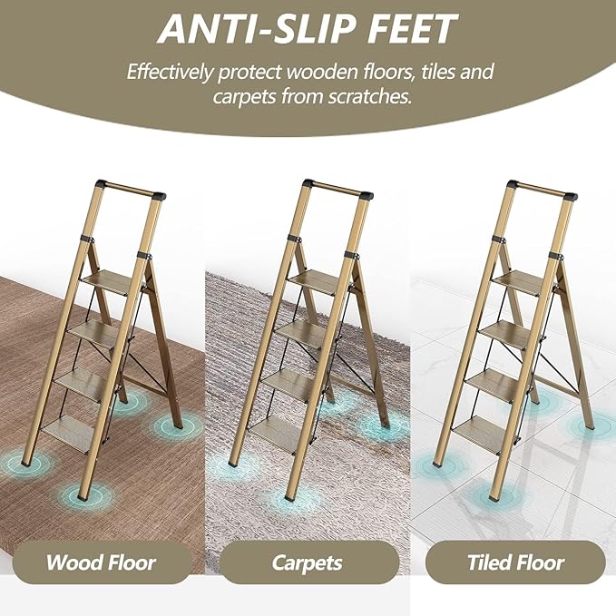 4 Step Ladder, Folding Step Stool with Anti-Slip Wide Sturdy Pedal and Handgrip, Portable Lightweight Aluminum Stepladder, 300 lbs Capacity, Multi-Use for Home, Library - Brown Gold