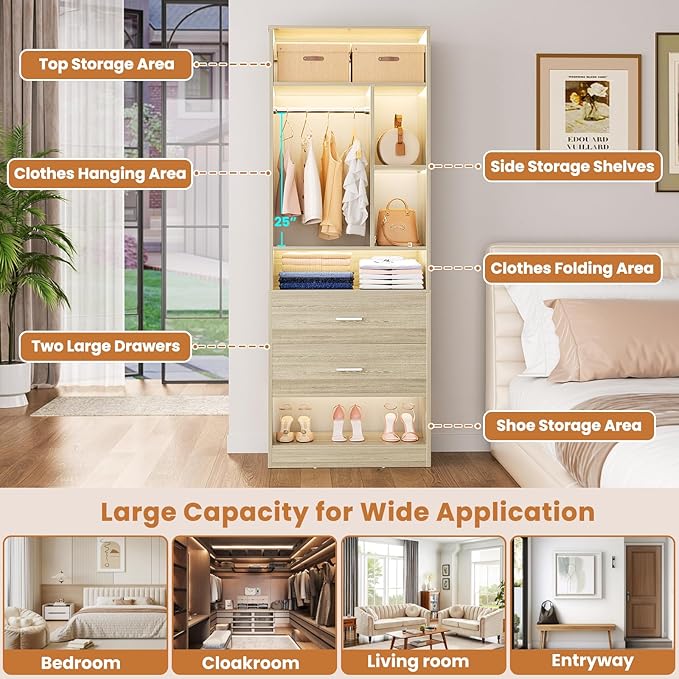 8FT Closet System with 8 Wood Drawers, 96" Closet Organizer System with 20+ Small Shelves & 2 Hanging Rods, Walk-in/Nursery Closet Systems, Set of 4, White Oak (96" L x 15" W x 80" H)