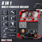 AWT MIG Welder, 200Amp 8 in 1 Gas MIG/Gasless Flux Core MIG/Stick/Lift TIG/Spot Welding/Spool Gun Aluminum MIG Welder, 110/220V Dual Voltage, Multi-Process Welding Machine With LED Digital Display