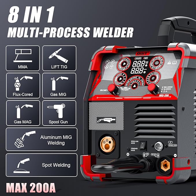 AWT MIG Welder, 200Amp 8 in 1 Gas MIG/Gasless Flux Core MIG/Stick/Lift TIG/Spot Welding/Spool Gun Aluminum MIG Welder, 110/220V Dual Voltage, Multi-Process Welding Machine With LED Digital Display