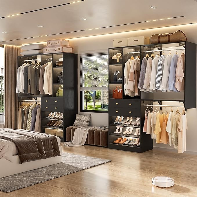 Closet System - 5FT Small Closet System with Drawers, 60" Closet Organizer System with Reversible Hanging Shelving, Closet Systems for Small/Walk-in Closets, Black