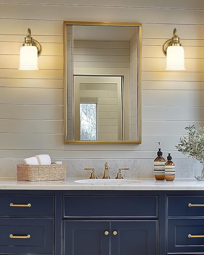 Modern Wall Sconces Set of Two, HWH Brushed Gold Bathroom Vanity Light, Antique Brass Wall Light Fixtures with Frosted White Bell-Shaped Glass, 5HZG106B-2 BG