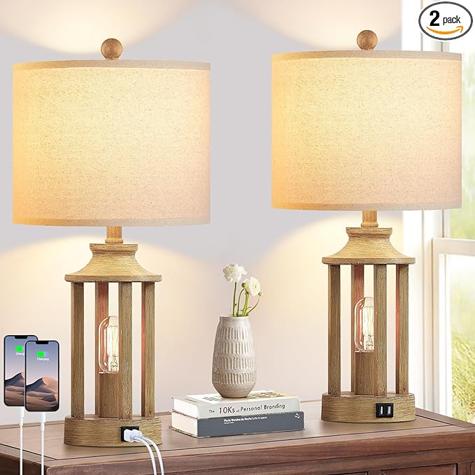 Touch Control Farmhouse Table Lamp Set of 2 with 2 USB Ports, 3 Way Dimmable Bedside Lamps with 2 LED Nightlight，Rustic Nightstand Lamps for Bedroom, Living Room Office (4 LED Bulbs Included)