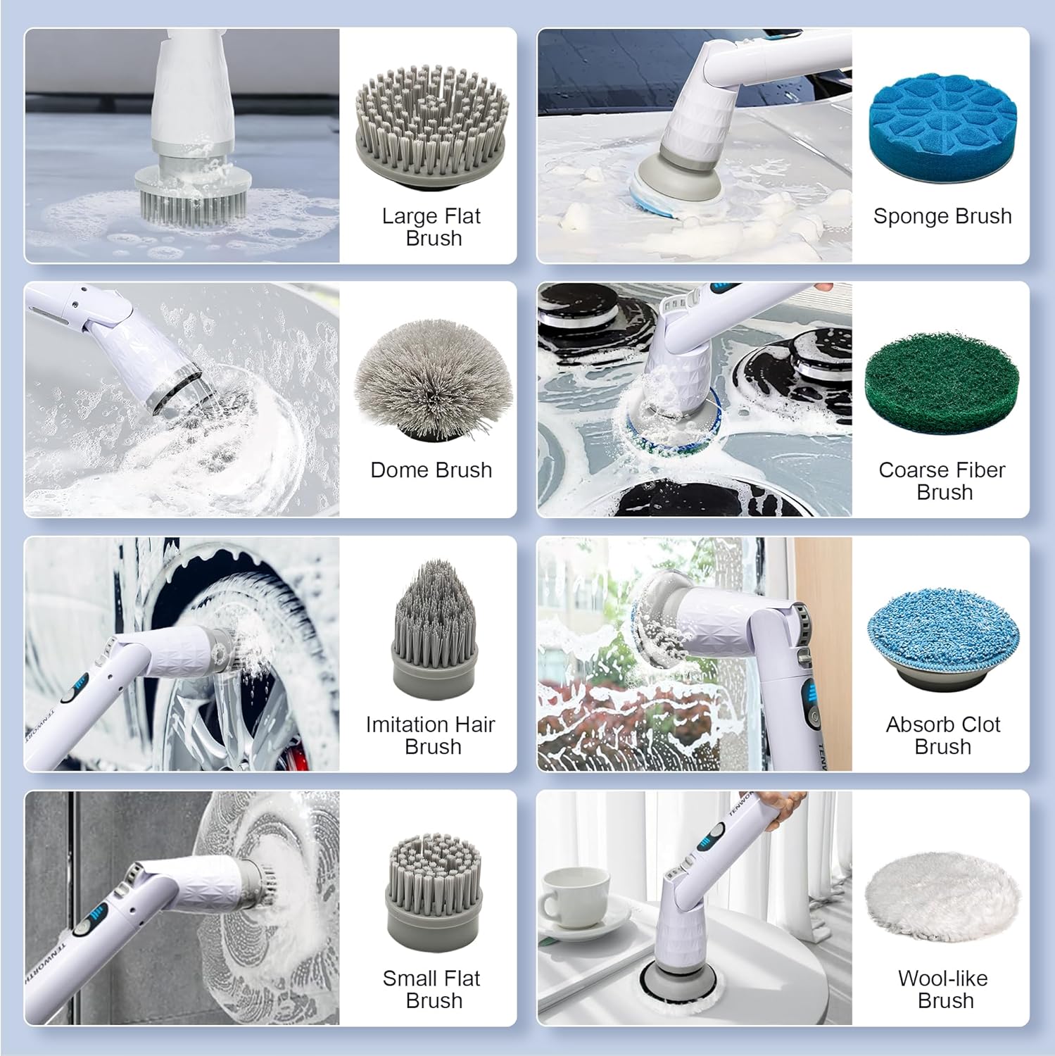 Electric Spin Scrubber, Cordless Cleaning Brush with Long Handle & 8 Brush Heads IPX7 Waterproof Bathroom Scrubber for Tub Grout Tile Floor, TBL03