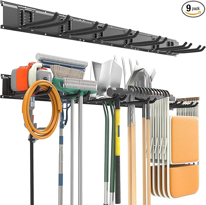 EVERHANGER Garage Tool Storage Organizer, Wall Mount Garden Tool Rack Organization, Heavy Duty Folding Chair Hangers with 6 Adjustable Hooks, Max Load 450lb, 48inch