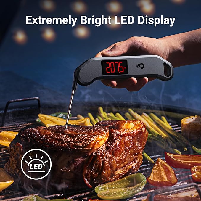 Professional Digital Meat Thermometer, 1 Sec Instant Read, ±0.5℉ Accuracy NIST&NSF Certified Food Thermometer, Auto-Rotate Bright LED Screen, 100% Waterproof Cooking Thermometer for Grill BBQ, Black