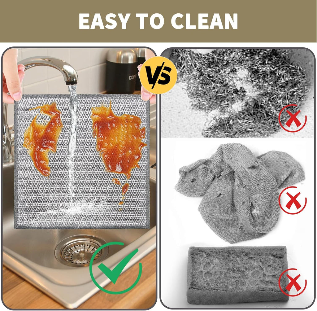 2 in 1 Stainless Steel Scrubber & Microfiber Cleaning Cloth, 5 Pack Towel & Steel Scrub Cloth for Pans, Dishes, Countertops, Reusable Non-Scratch Cleaning Pad for Kitchen Sink