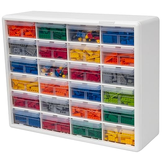 Akro-Mils 24-Drawer Plastic Drawer Storage Cabinet for Garage Organization, Bead Organizer, Building Bricks Storage, Teacher Toolbox, Makeup Organizer, 20" W x 6" D x 16" H, 10124 White