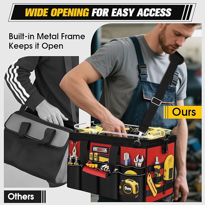16-Inch Heavy Duty Tool Bag, 19-Pockets Tool Box Organizer, Portable Toolbag W/Soft Handle for Organized Storage, Mechanic Gifts for Men Dad Husband Him Christmas, Wide Mouth Toolbox Organization, Red
