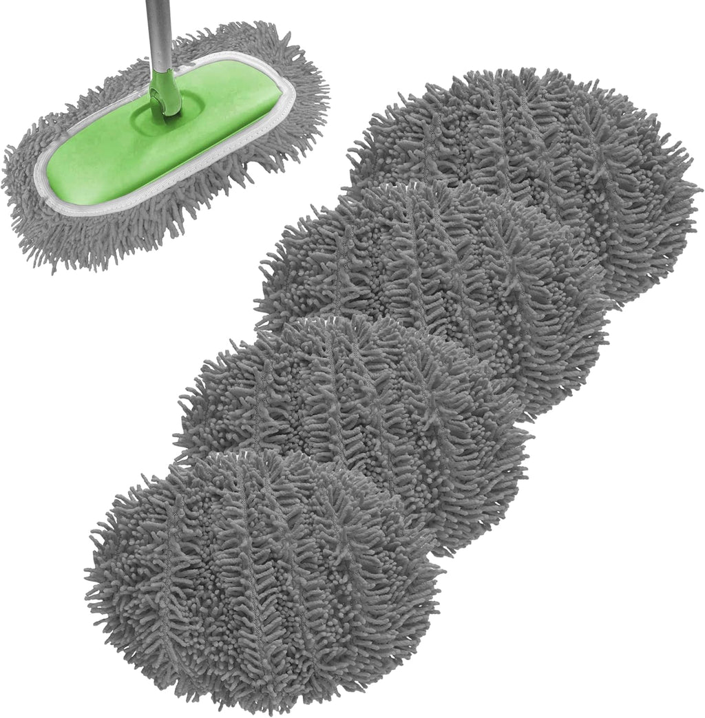 Reusable Microfiber Chenille Mop Pads Compatible with Swiffer Sweeper, Dry Sweeping Cloths & Wet Mopping Cloths, Refills for Hardwood Surface Floor Cleaning, 4 Pack (Grey)