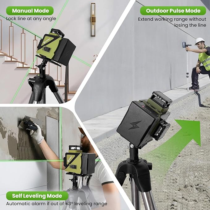 Laser Level 360 Self Leveling, 3x360° 3D Green Line Laser Level for Picture Hanging, Rechargeable Lazer Level with Type-C Charger, 2 * 3600mAh Batteries, Magnetic Rotating Stand and Hard Case