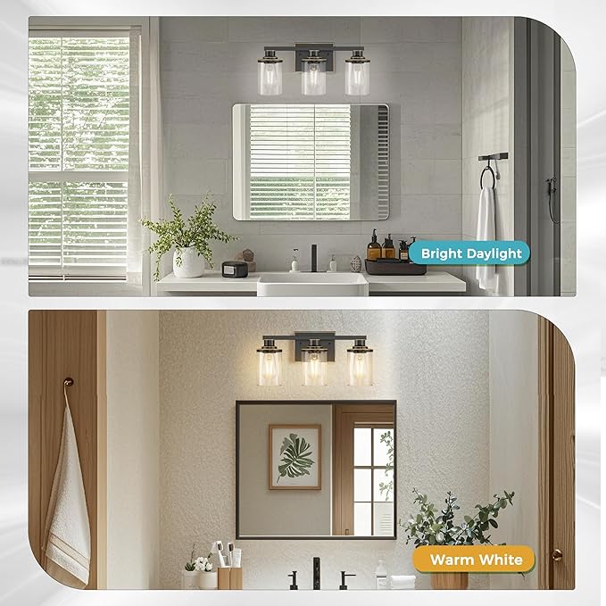 DORESshop 20 Inch Bathroom Light Fixtures, 3-Light Black with Gold Trim Over Mirror with Clear Glass Shade, Vanity Lights for Living Room Bedroom, ETL Listed