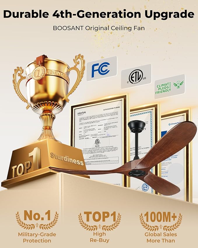 60 inch Ceiling Fan Without Light, Ceiling Fan No Light with Remote Control and Quiet DC Motor, Outdoor Fans for Patios,Solid Wood 3 Blades,ETL Listed - Dark Walnut