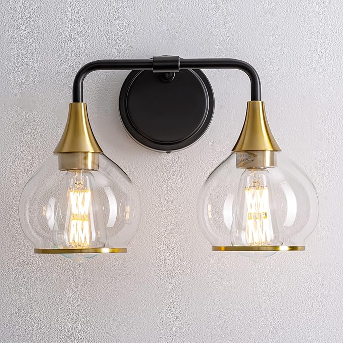 Black and Gold Bathroom Light Fixtures 2-Lights Vanity Lights with Clear Glass Shade Bathroom Vanity Light 14 Inch Wall Sconces(Exclude E26 Bulb)…
