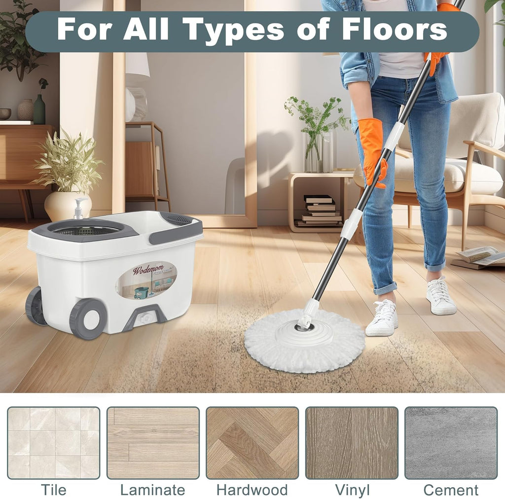 Mop and Bucket with Wringer Set,Spin Mop and Bucket System, Mops for Floor Cleaning,Household Supplies Tools with 3 Replacement Refills,61" Extended Handle for Household Hardwood Floor - White