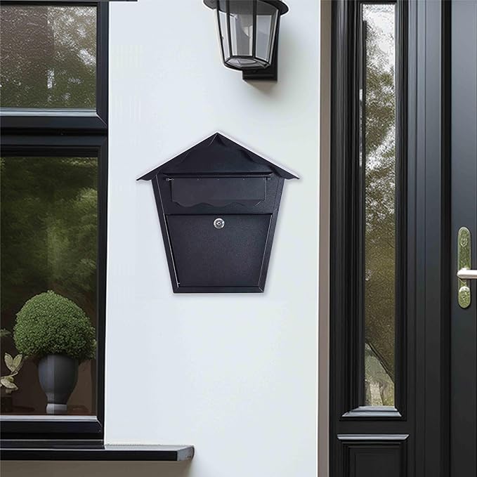 Wall Mount Locking Mailbox - Black Horizontal Triangular Security Mailbox - Waterproof Vertical Drop Mail Box Outdoor with Key