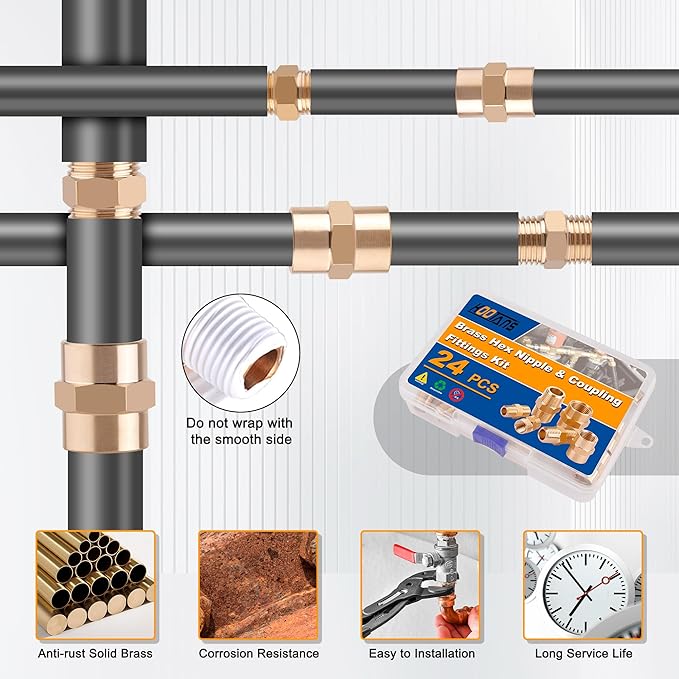 KOOTANS 24PCS Brass Pipe Fittings Brass Hex Nipple Hex Coupling Kit 1/8" to 1/8" NPT, 1/4" to 1/4" NPT, 3/8" to 3/8" NPT Male to Male Female to Female Adapter Pipe Fitting Connector